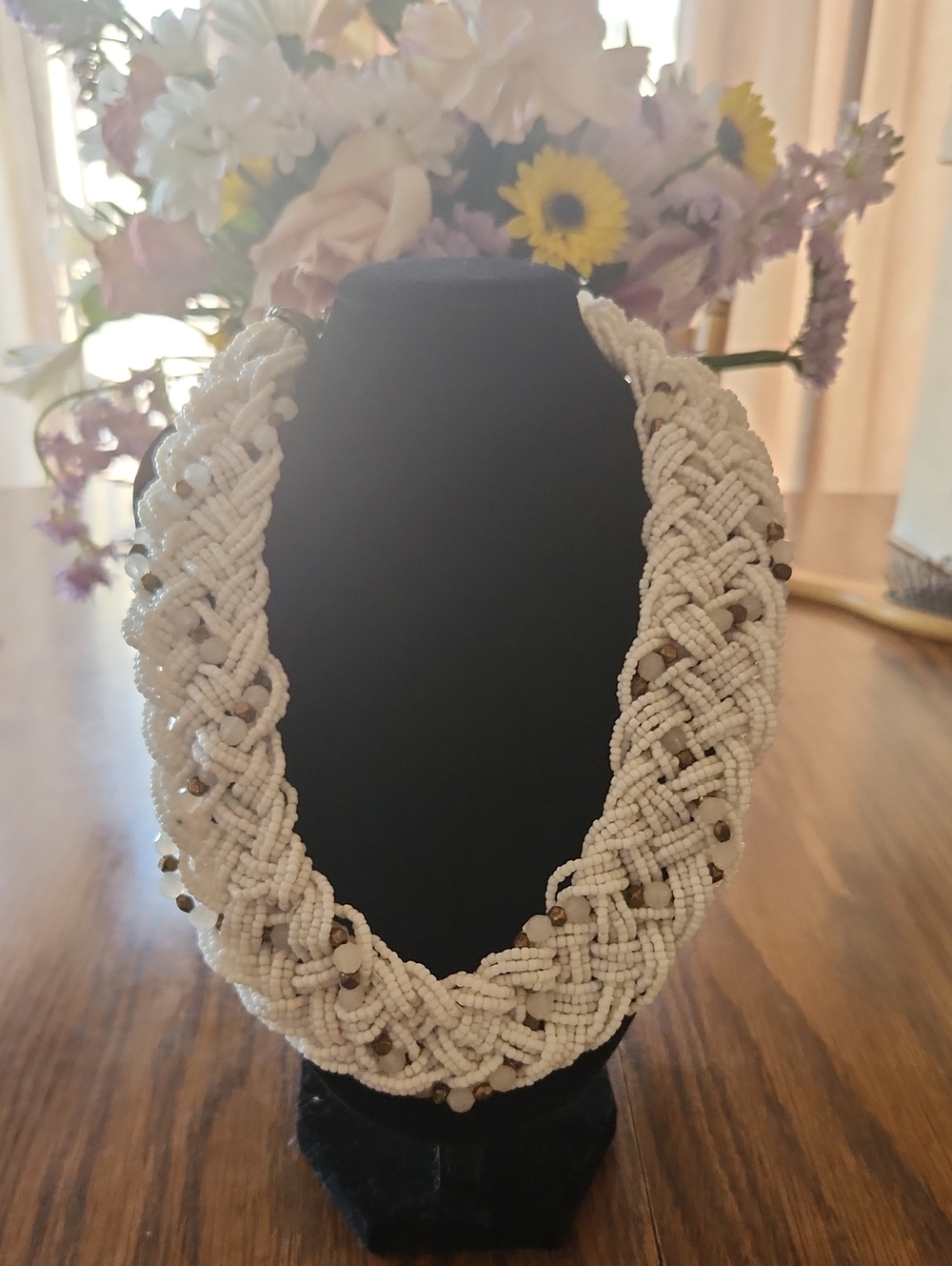 Vintage Braided Seed Bead Statement Necklace Cream White Boho Chunky Choker